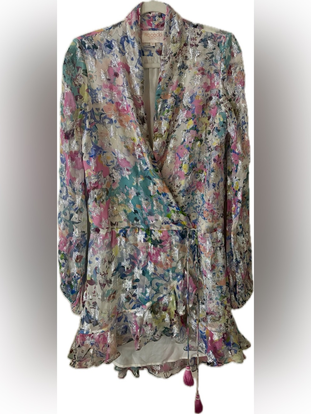 Rococo Sand Floral Wrap Dress Mini With Metallic Star Pattern Size M